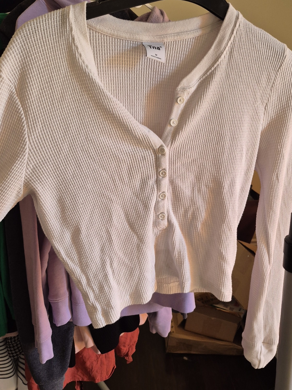 TNA White Ribbed Button-Front Long Sleeve Crop Top